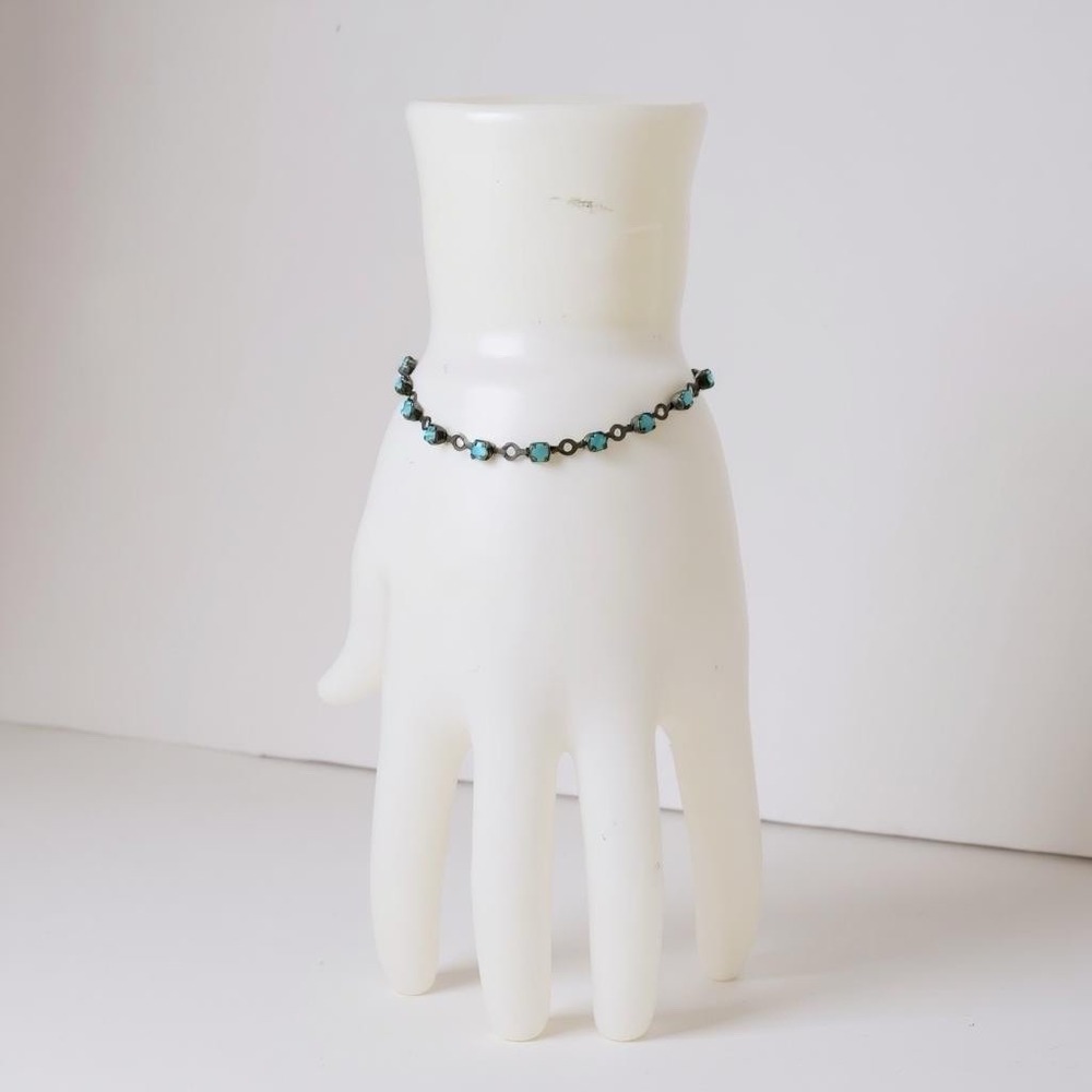 Vintage 3mm Tiny‎ Faux Turquoise Delicate  7" Copper Chain Bracelet